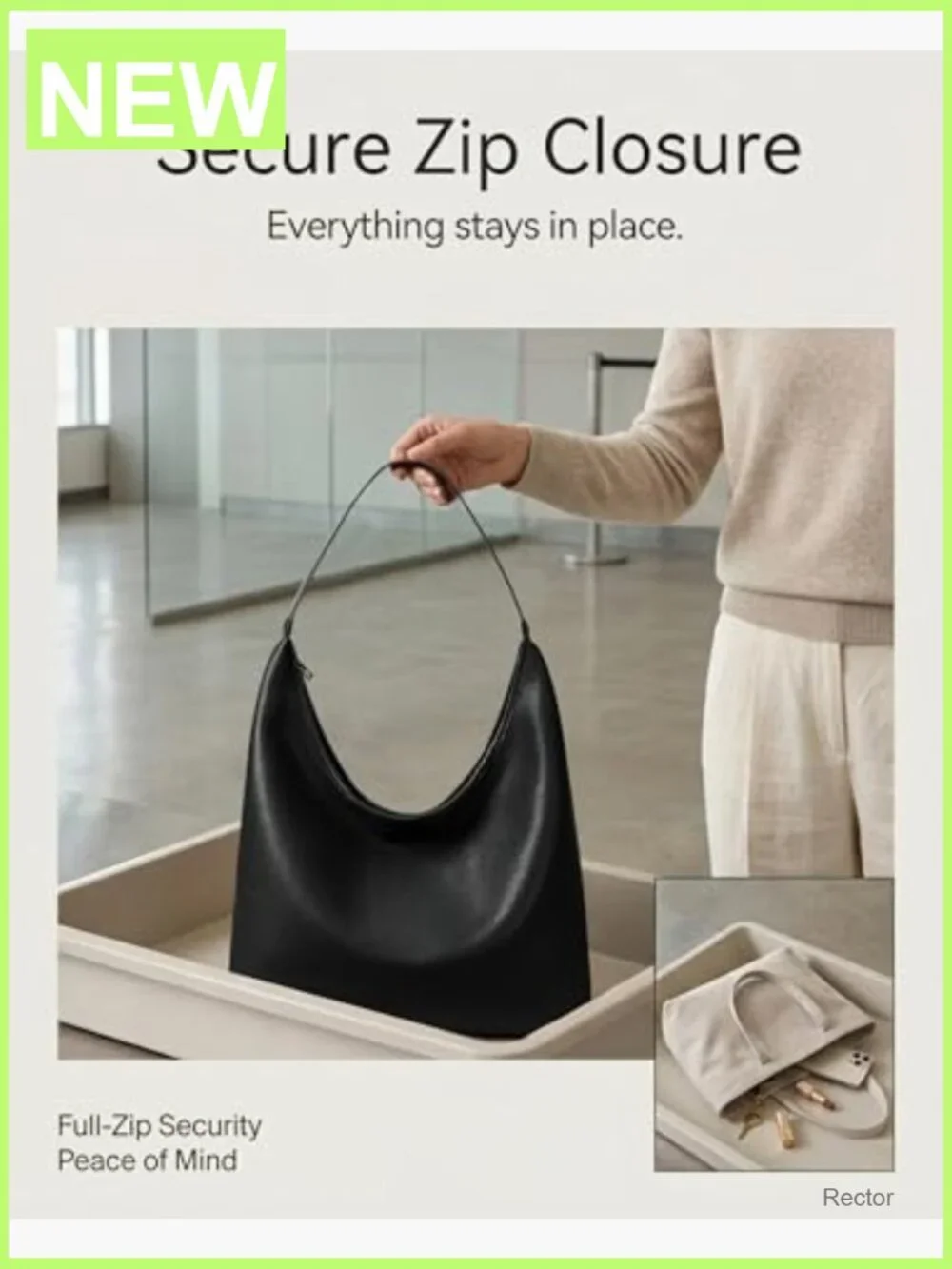 Large Full-Zip Hobo Bag, Soft Vegan Leather Slouchy Shoulder Work Tote, Center